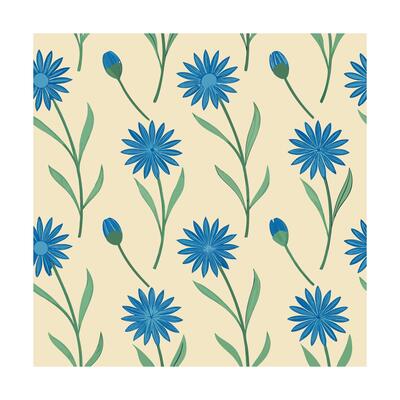Repeating blue cornflower bud floral pattern on a cream with green leaves leaf