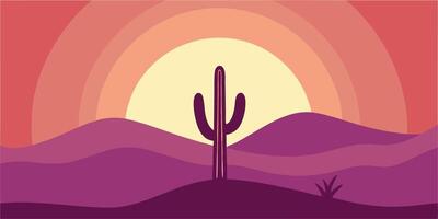 Sunset scene with cactus silhouette over purple desert landscape layered sky vector