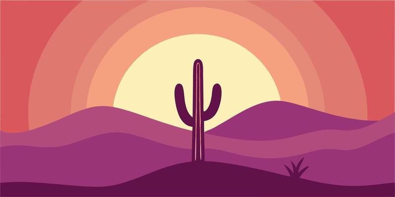 Sunset scene with cactus silhouette over purple desert landscape layered sky