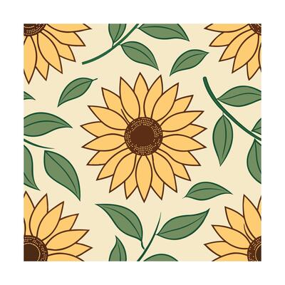 Seamless botanical yellow sunflowers with green leaves on a cream floral