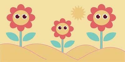 Whimsical cartoon flowers with faces in a desert landscape with a sun on a yellow vector