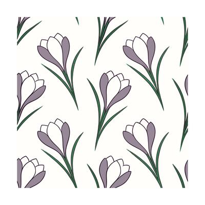 Floral Pattern Repeat with Purple Crocus Blossoms Green Stems flower spring