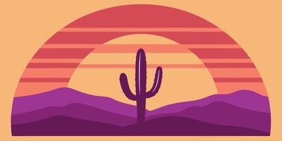 Silhouette a cactus with layered purple mountains a sunset arch in a desert scene vector