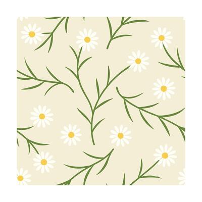 Chamomile flower pattern with petals yellow centers on a beige with green stems daisy