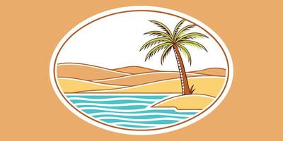 Stylized desert oasis with palm tree sand dunes turquoise water inside a oval frame vector