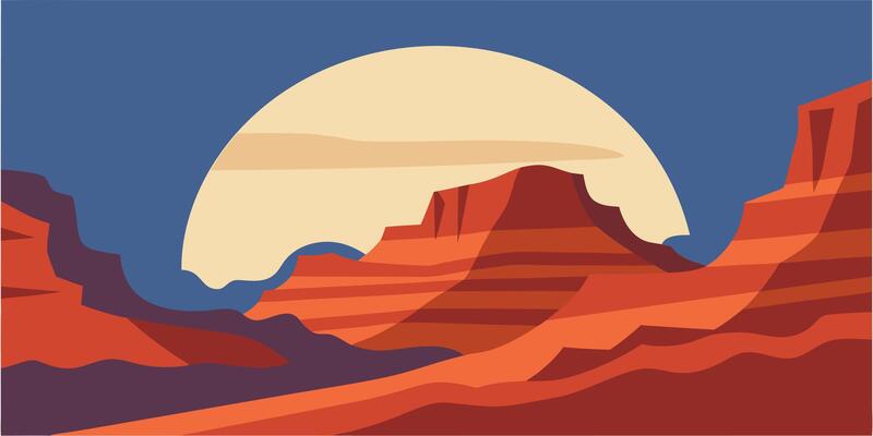 Stylized canyon landscape with layered rock formations a large sun against a blue sky