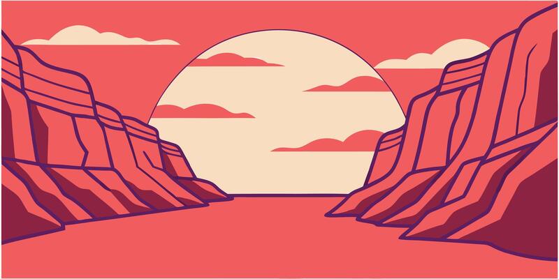 Stylized red canyon landscape with clouds a light sky in a minimalist rocks desert