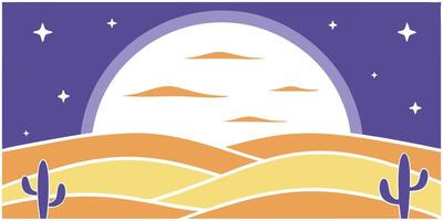 Stylized desert scene with cacti, rolling hills, stars, a large moon against a purple sky vector