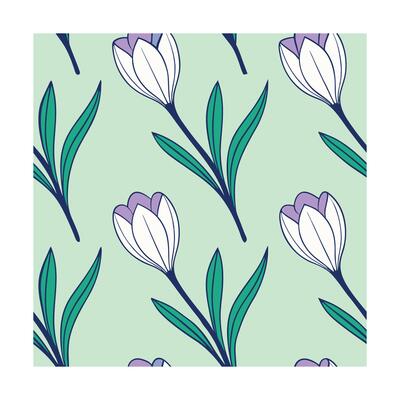Seamless pattern crocus flowers with purple accents green leaves on a light green
