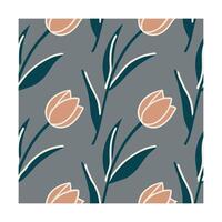 Seamless pattern stylized peach tulips with teal leaves on a gray floral flower vector
