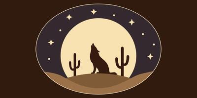 Silhouette wolf howling at the moon with cacti stars in a desert night scene vector