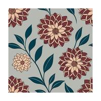 Repeating pattern burgundy peach dahlia blooms with teal leaves on gray flower floral vector