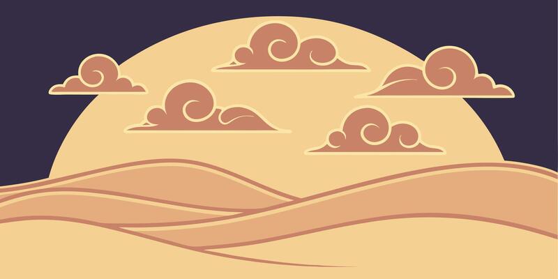 Stylized desert landscape with clouds dunes in warm beige purple colors at dusk