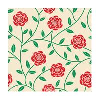 Seamless pattern red roses green leaves stems on a cream crimson vector