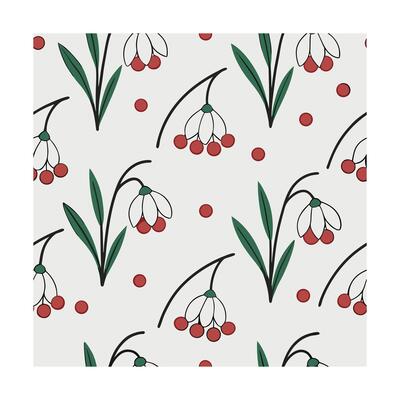 Repeating pattern snowdrop flowers with red berries green leaves on a light gray