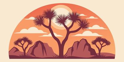 Stylized desert sunset with Joshua trees jagged rocks orange sky vector