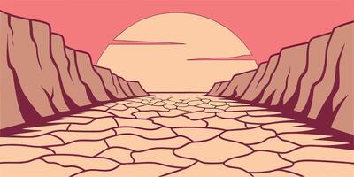 Stylized a dry riverbed between cliffs under a peach colored sky sun cracked earth vector