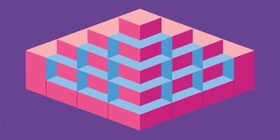 Isometric cube grid in pink light blue purple color scheme on a solid illusion geometric vector