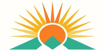 Abstract sunburst with layered triangular rays orange yellow teal mountain shapes vector