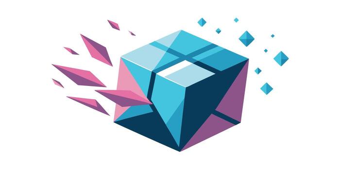 resumen geométrico cubo explotando dentro fragmentos con azul rosado púrpura colores explosión vector