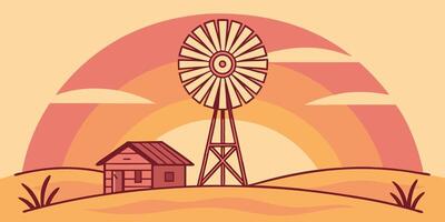 Stylized desert landscape with windmill cabin sunset in warm orange red tones vector
