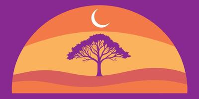 Silhouette tree against a two-tone sunset with crescent moon in a stylized desert landscape vector