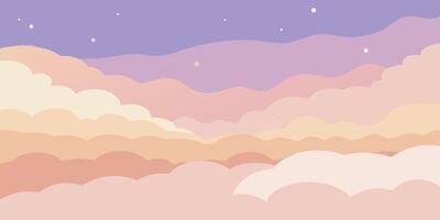 Pastel sky with layered clouds in peach pink violet with stars vector