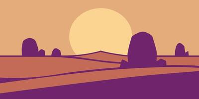 Flat graphic a desert landscape with silhouetted boulders a large sun vector