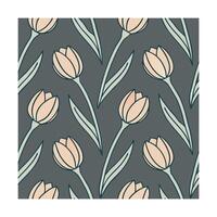 Seamless pattern stylized peach tulips with green stems leaves on a dark gray floral vector