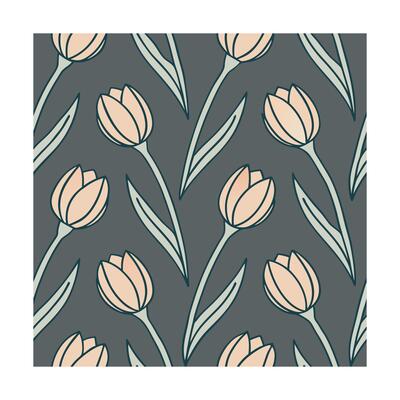 Seamless pattern stylized peach tulips with green stems leaves on a dark gray floral