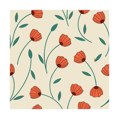 Seamless floral pattern orange poppies with green stems leaves on a cream flower