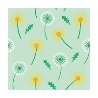 Seamless pattern yellow dandelions with green stems leaves on a light green flower vector