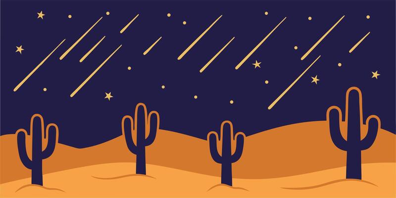 Stylized desert night scene with cacti shooting stars a gradient sky