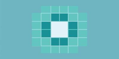 Abstract geometric composition teal turquoise squares arranged in a grid pattern on a blue vector