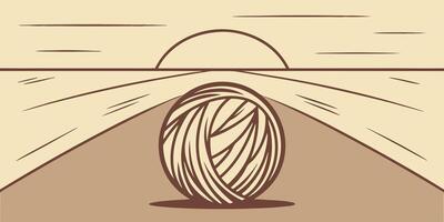 Stylized tumbleweed rolling across a flat desert landscape with a setting sun sunset vector