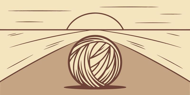 Stylized tumbleweed rolling across a flat desert landscape with a setting sun sunset