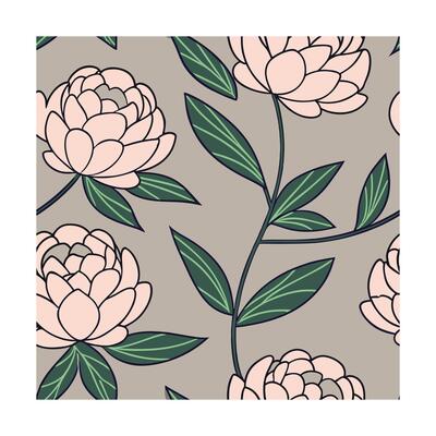 Repeating floral pattern blush pink peonies with dark green leaves on a taupe peony