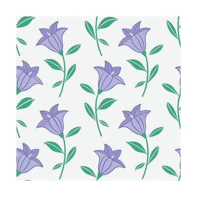 Repeating pattern stylized lavender bellflowers with green stems leaves on floral