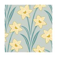 Seamless floral pattern stylized yellow daffodils with teal stems leaves on a light gray vector