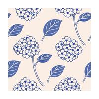 Blue hydrangea flower clusters leaves repeating pattern on a pale beige floral vector