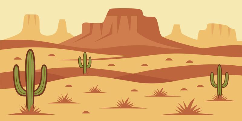 Flat a desert landscape with cacti, mesas, stylized plants in warm colors cactus