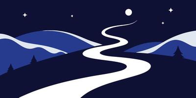 Winding path through blue hills under a starry night sky with a moon trees river vector
