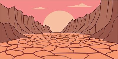 Stylized desert landscape with dry cracked earth cliffs a setting sun vector