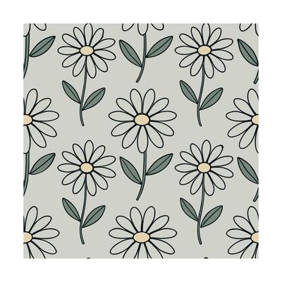 Daisy flower repeat Pattern with outlines green leaves on a light gray floral