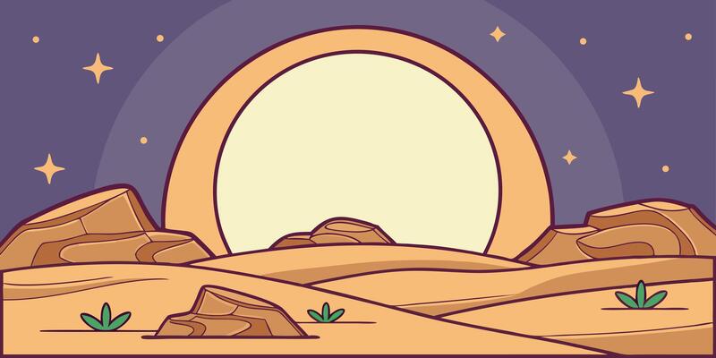 Cartoon desert landscape with moonlike shape, stars, rocky formations, stylized plants in a night sky