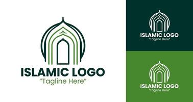 Creative Islamic Logo in Green with Elegant Mosque and Crescent Star Design vector