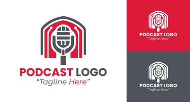 Dynamic Podcast Logo Design with Bold Red and Dark Grey Color Scheme vector