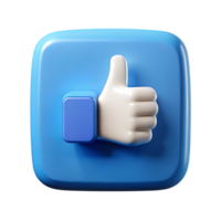 Illustration of a 3d blue square button with a white thumb up, isolated on transparent background png