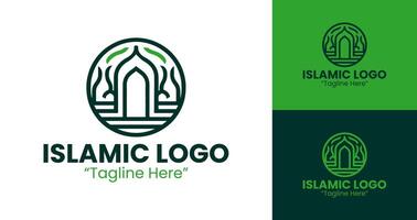 Elegant and Simple Green Islamic Logo Featuring Mosque and Crescent for Business vector
