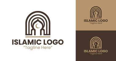 Minimalist and Iconic Islamic Logo Design in Brown and Dark Blue with Crescent and Mosque Elements vector